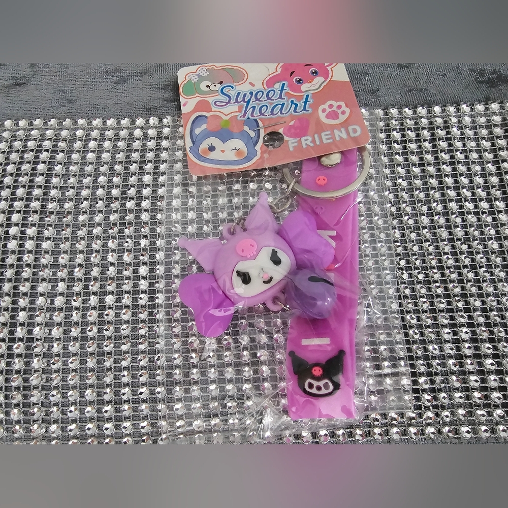 Sanrio Kuromi Keychain w/Little Bell & Silicone Band PURPLE/PURPLE-NEW